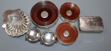 A late Victorian silver butter shell, three modern silver coasters, two silver salts and a clothes