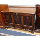 A mid 19th century oak mule chest, the front panels oil painted with three late 16th century studies