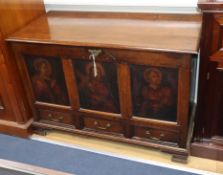 A mid 19th century oak mule chest, the front panels oil painted with three late 16th century studies