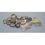A collection of Indian white metal boxes and other items including a rattle, condiment, etc.