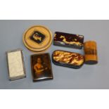 A 19th century elephant tooth section box, two mauchlineware items and three snuff boxes