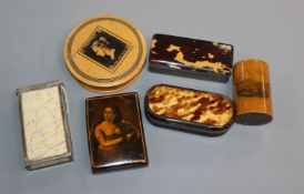 A 19th century elephant tooth section box, two mauchlineware items and three snuff boxes