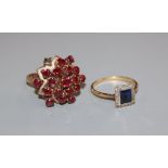 A 14k and garnet modernist cluster ring (a.f.) and an 18ct gold and platinum sapphire and diamond