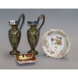 A pair of McIntyre miniature ewers, a Derby pin dish and a Dresden bowl