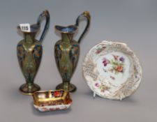A pair of McIntyre miniature ewers, a Derby pin dish and a Dresden bowl