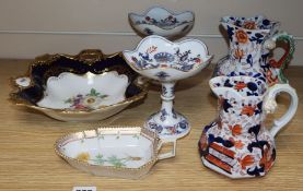 A pair of Masons jugs, two Meissen pedestal dishes, a Copenhagen dish and Bavarian gilt and floral