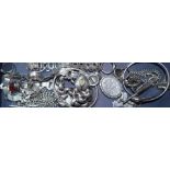 Assorted white metal jewellery including locket on chain and a large round link bracelet with