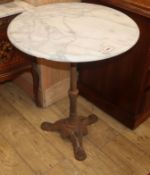 A circular marble top cast iron garden table W.61cm