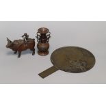 A Chinese mirror, two-handled bronze vase and metal figural buffalo