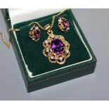 An 18ct gold amethyst and diamond cluster pendant on 18ct chain and a pair of similar 9ct gold ear