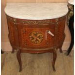 A Louis XVI style marquetry inlaid marble top bow front side cabinet W.70cm