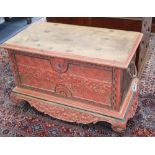 A Chinese Straits carved and painted teak chest W.92cm