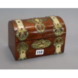 A dome topped horn and brass bound walnut tea caddy length 20cm