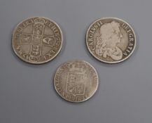 A Charles II 1672 crown flat area to OBV, otherwise VG, a James II 1687 crown VG, and a William &