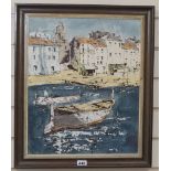 Bernard Dufour, oil on board, Fishing boats in harbour, signed, 44 x 36cm