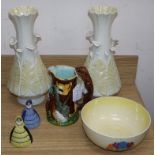 A pair of Belleek vases, a majolica vase, a Clarice Cliff crocus bowl and two Carltonware ceramic