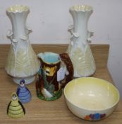 A pair of Belleek vases, a majolica vase, a Clarice Cliff crocus bowl and two Carltonware ceramic