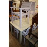 A painted garden table and six chairs Table L.151cm