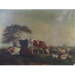 Louise Johnson (19th C.) oil on canvas, Cattle and sheep in a meadow, signed and dated 1868, 46 x