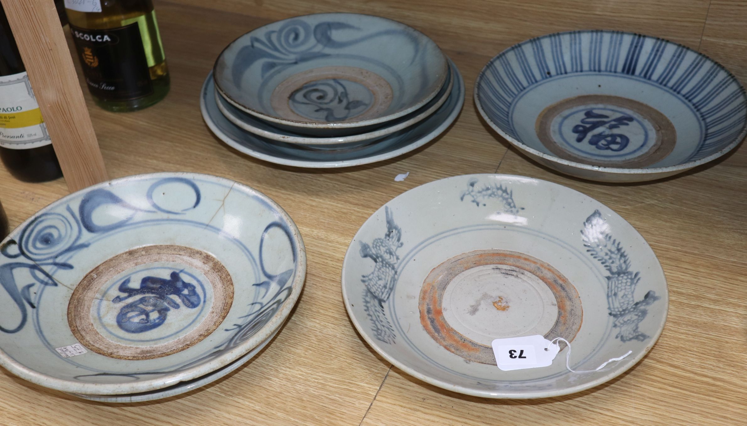 Seven Chinese 'Kitchen Ming' blue and white dishes