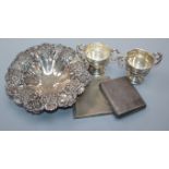 A late Victorian pierced silver dish, Birmingham, 1899, two small silver trophy cups and two