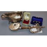 A silver sauceboat, a set of three pearl-set cased dress studs and various silver and shell