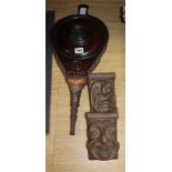 A 19th century set of mahogany bellows and a pair of carved corbels