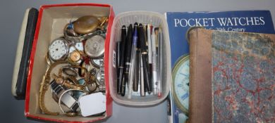 A 9ct. gold lady's watch, watch parts, pocket watch reference books and pens