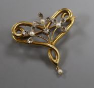 A yellow metal, diamond and seed pearl scrolled openwork brooch, with pearl drop, Tessier box,