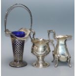 A George III silver cream jug, London, 1773, a later silver cream jug and a pierced silver posy vase