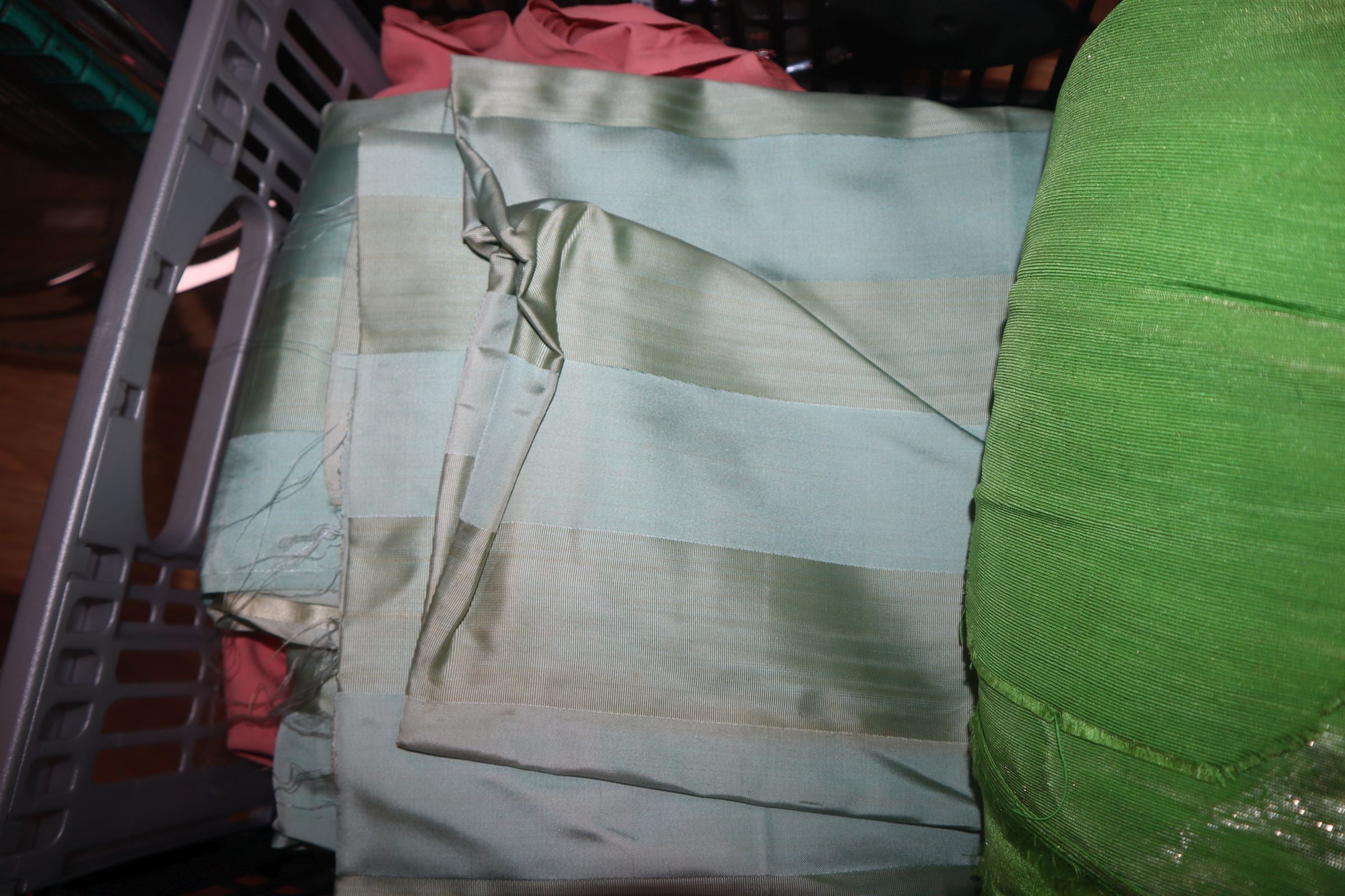 A 1930s length of lime green silk, another length of crepe de shine peach satin, etc - Image 7 of 9