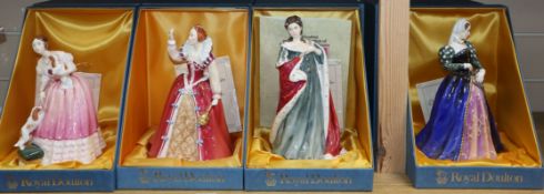 Four Royal Doulton figures, Queens of the Realm: Queen Anne HN3141, Queen Elizabeth I HN3099,