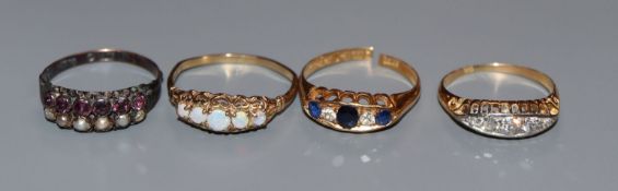 An 18ct gold, sapphire and diamond ring (a.f.), a yellow metal and diamond ring and two 9ct gem