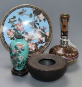 A group of Japanese cloisonne enamel: two vases and a dish, together with a cast iron koro dish