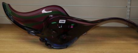 A large Murano three colour glass dish, one end ground off length 82cm