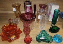 A French ruby overlay faceted glass vase, stamped 'France' to base and two other items, a yellow