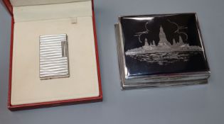A Thai sterling and niello cigarette box and a cased silver plated Dupont lighter, cigarette box
