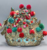 A 19th century 1860's Chinese gilt metal kingfisher feather and coloured pom pom theatrical