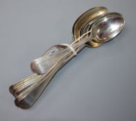 A part set of five Victorian tablespoons, London, 1859 and a pair of dessert spoons (all crested),