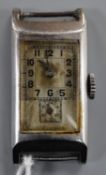 A 1930's stainless steel Longines manual wind rectangular wrist watch, with Arabic dial and