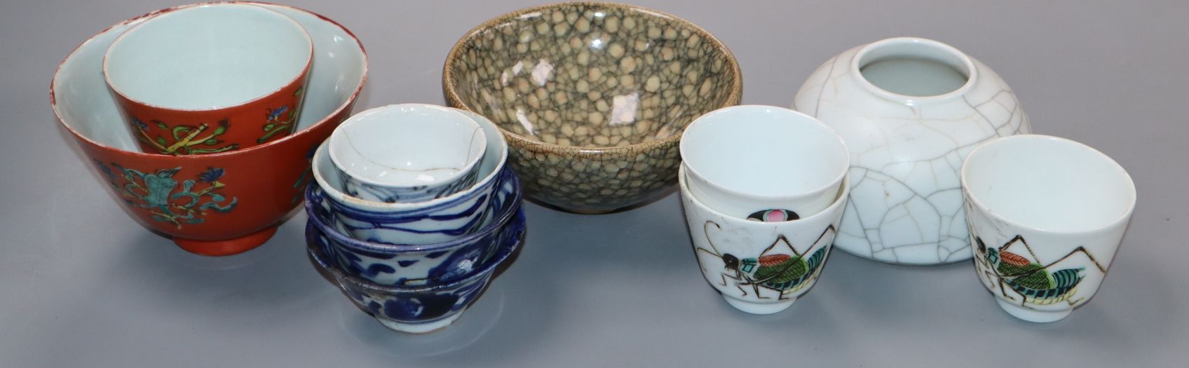 A group of Chinese porcelain cups and a brush washer