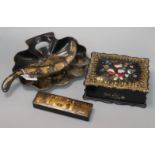 A mother of pearl inlaid laquer box and chinoiserie box and brush and crumb scoop