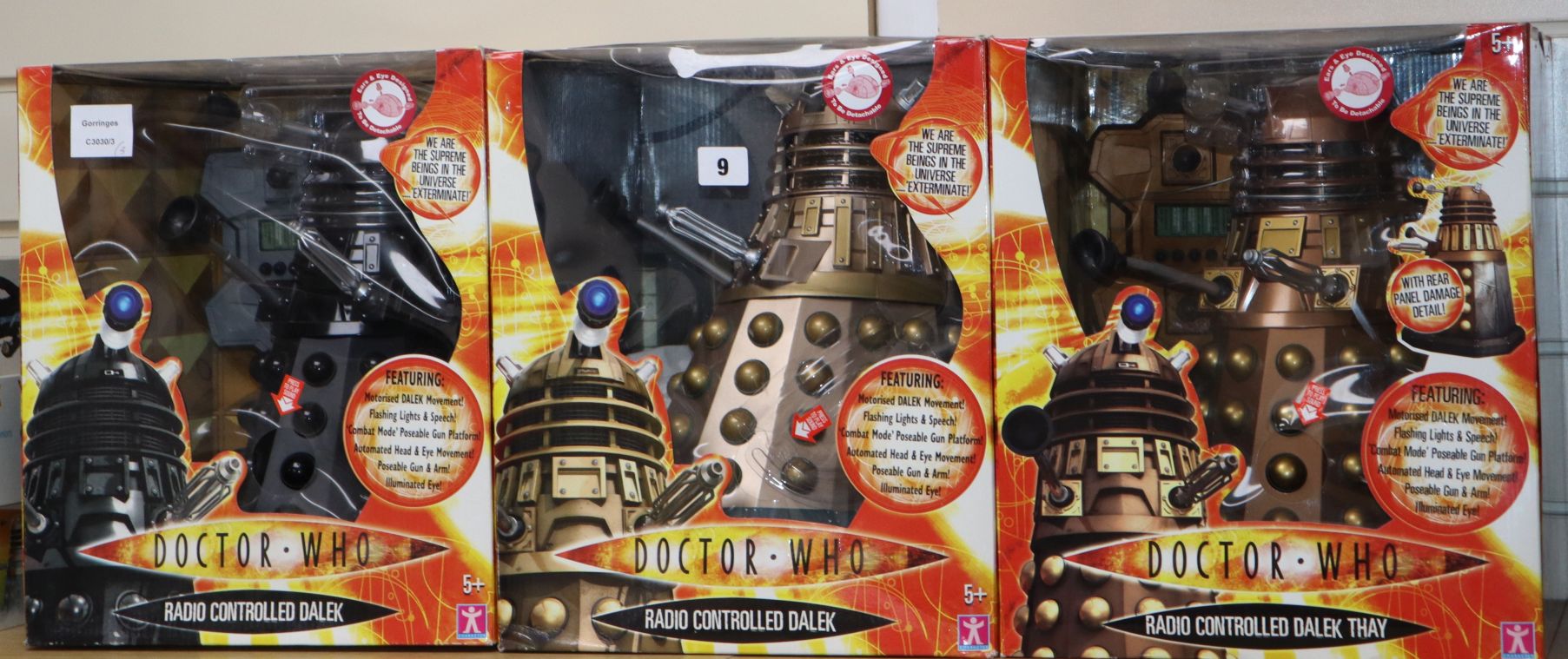 Doctor Who - Character Options - three radio controlled Daleks; model Thay 02484, 01629 and 02138,