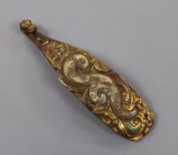 A Chinese gilt bronze and hardstone mounted belt hook, Han Dynasty style