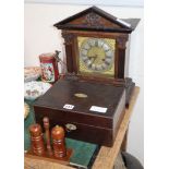 An early 20th century German walnut mantel clock, a Victorian toilet box and a cruet, clock 39cm