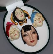 An Austrian miniature lady face mask and three Doulton miniature face masks