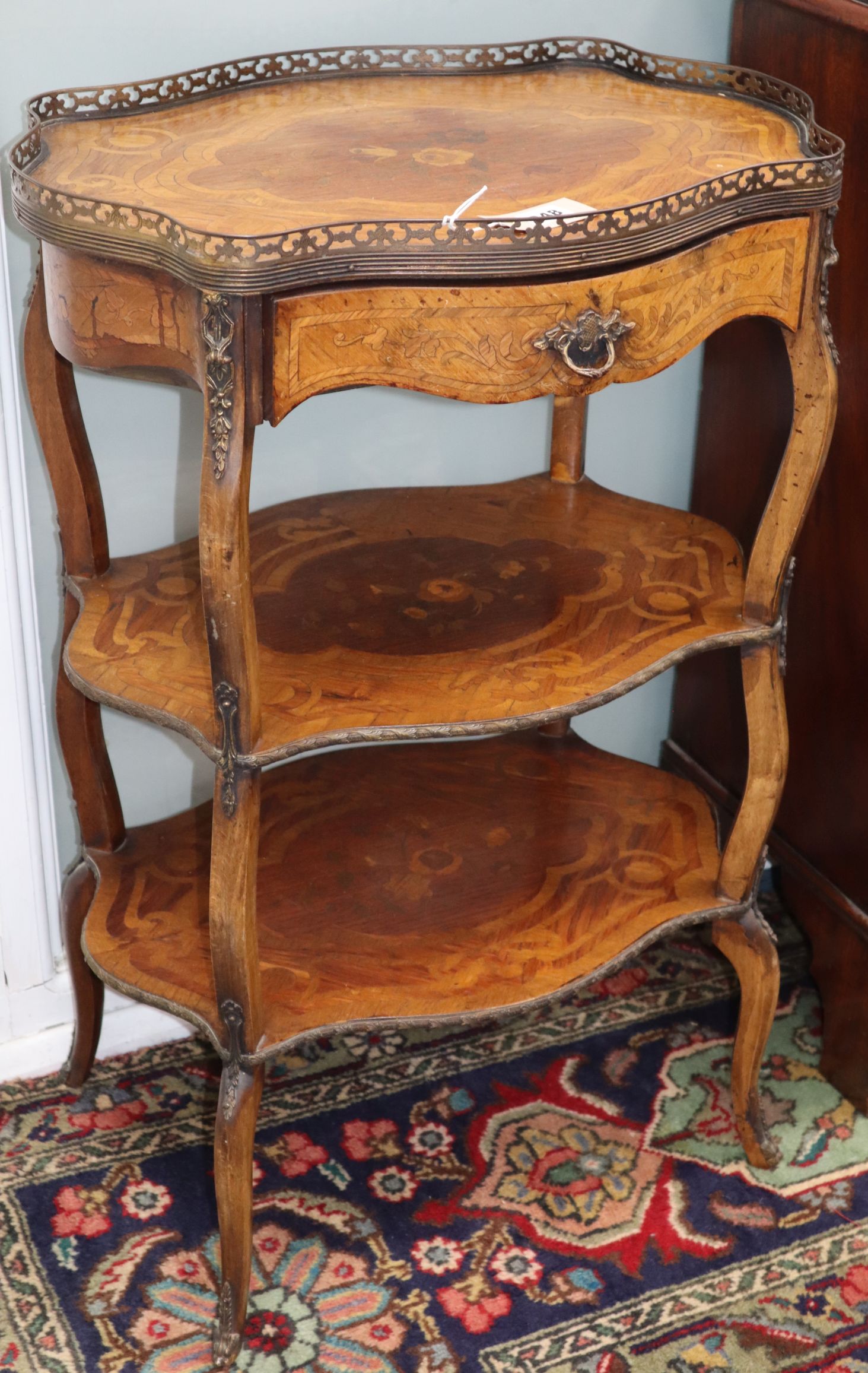 A late 19th century French marquetry etagere H.82cm