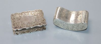 A late Victorian engraved silver concave snuff box by F.W Turton Ltd, Birmingham, 1897 and one other