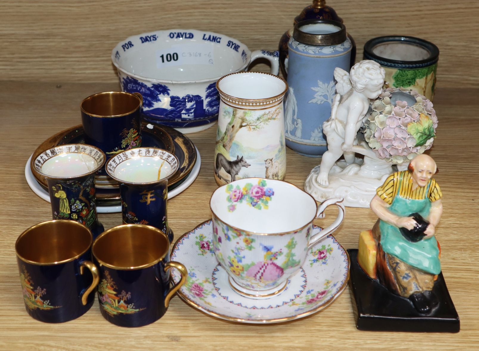 Mixed ceramics including an Aesops Fables vase, a Coalport vase and a Jasper vase etc