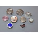 Five assorted silver pill boxes including three enamelled and four other pill boxes, largest 52mm.